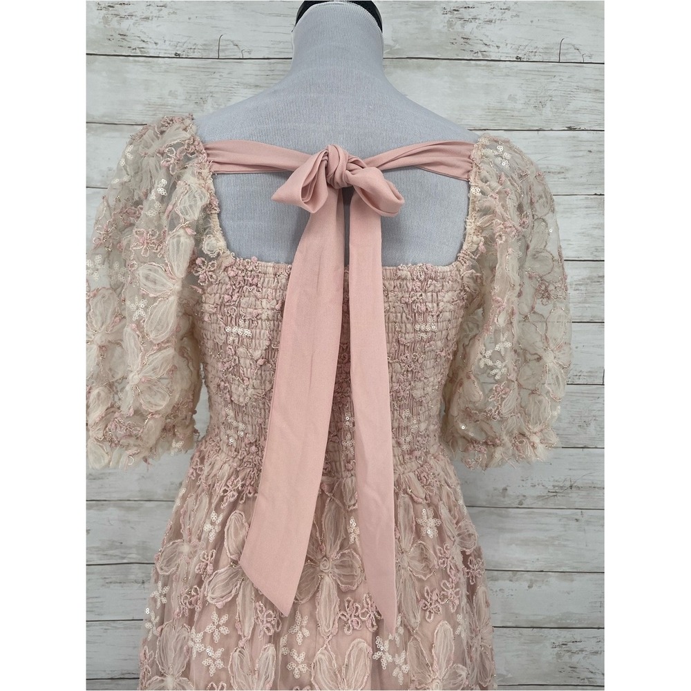In February Blush Floral Embroidered Midi Dress Puff Sleeve Size Small Fairycore - Picture 6 of 10